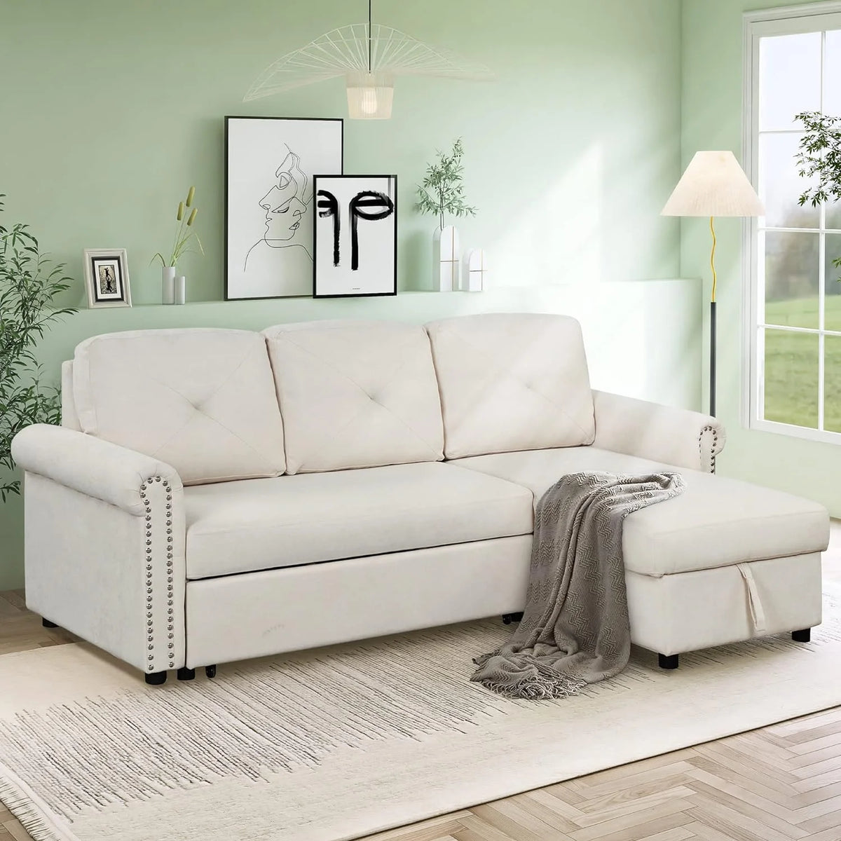 Beige L-Shape Convertible Sleeper Sofa Bed with Storage Chaise K225