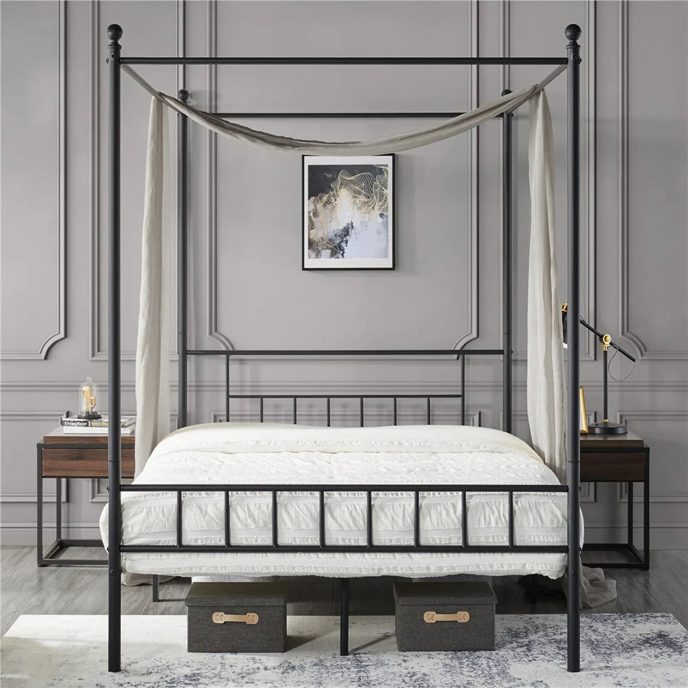 White Twin Metal Canopy Bed Frame with Headboard and Footboard X6661