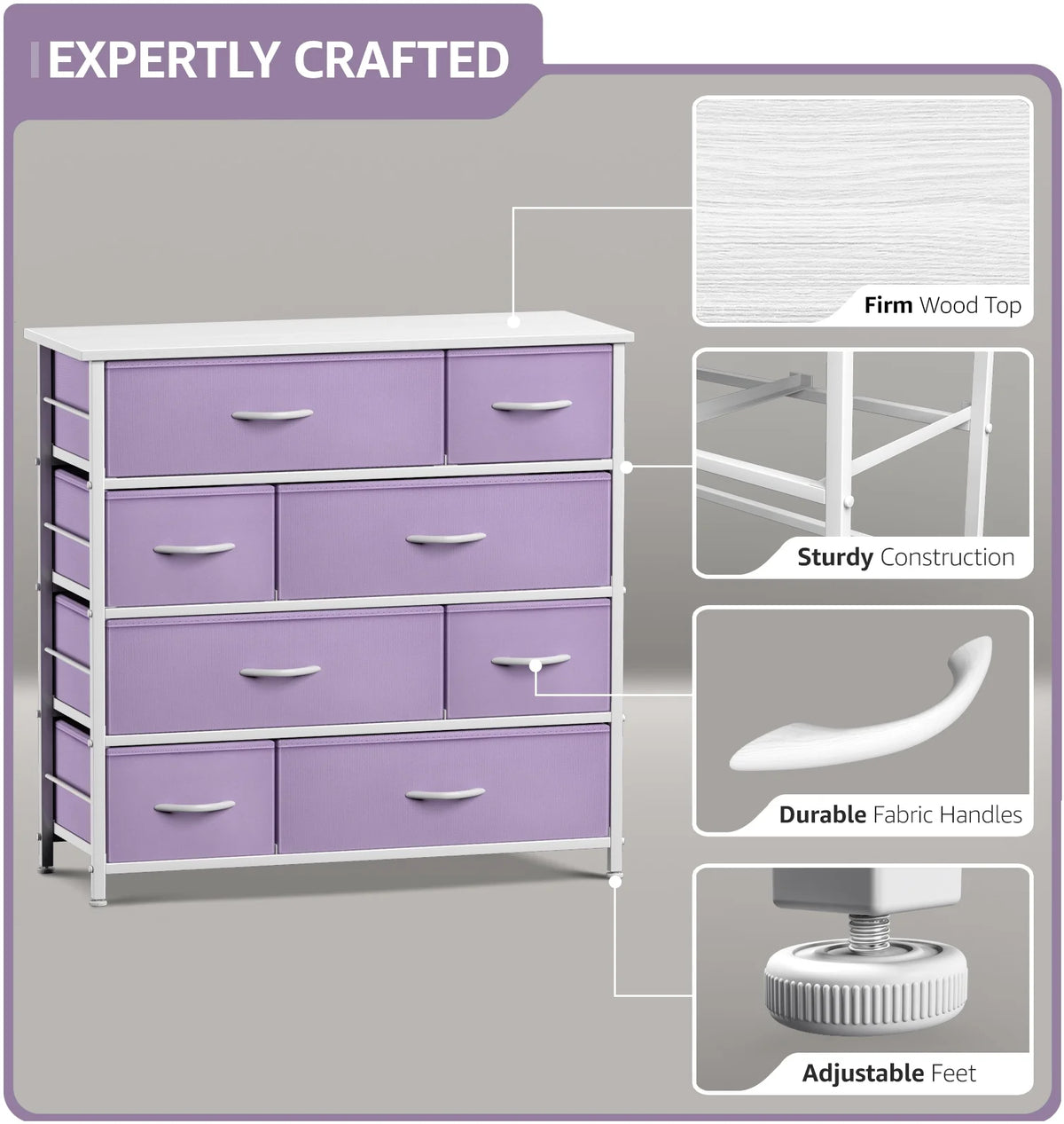 8 Drawer Fabric Dresser with Wood Top D88158