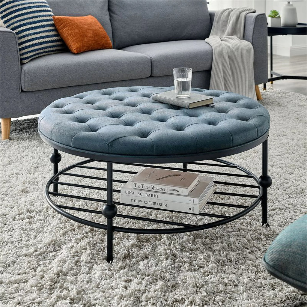 Blue Faux Leather Tufted Cocktail Ottoman G6090