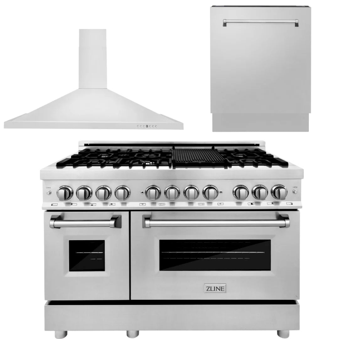 48 In. Dual Fuel Range, Range Hood, 3 Rack Dishwasher Z96520