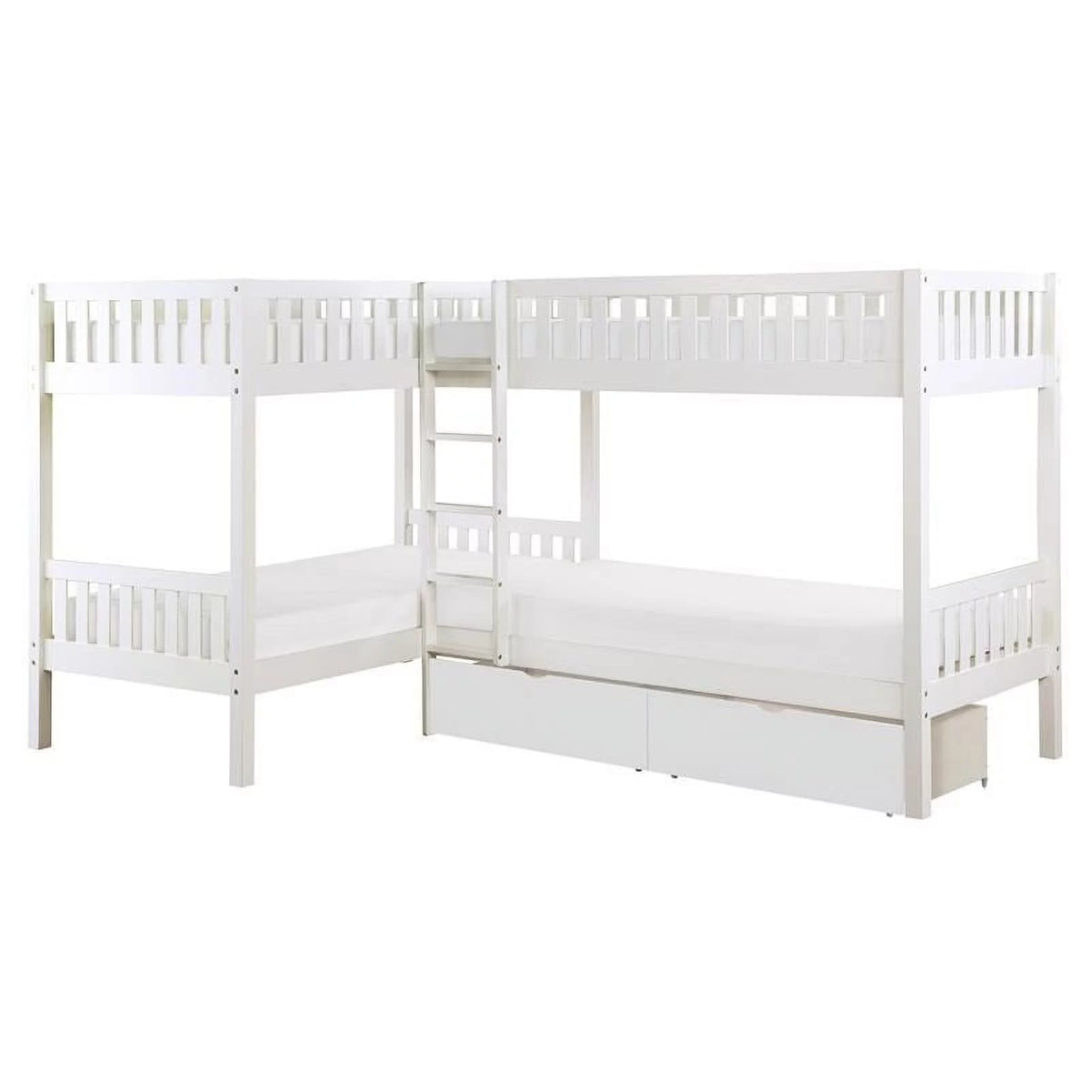 White Wood Corner Bunk Bed with Storage Boxes V929