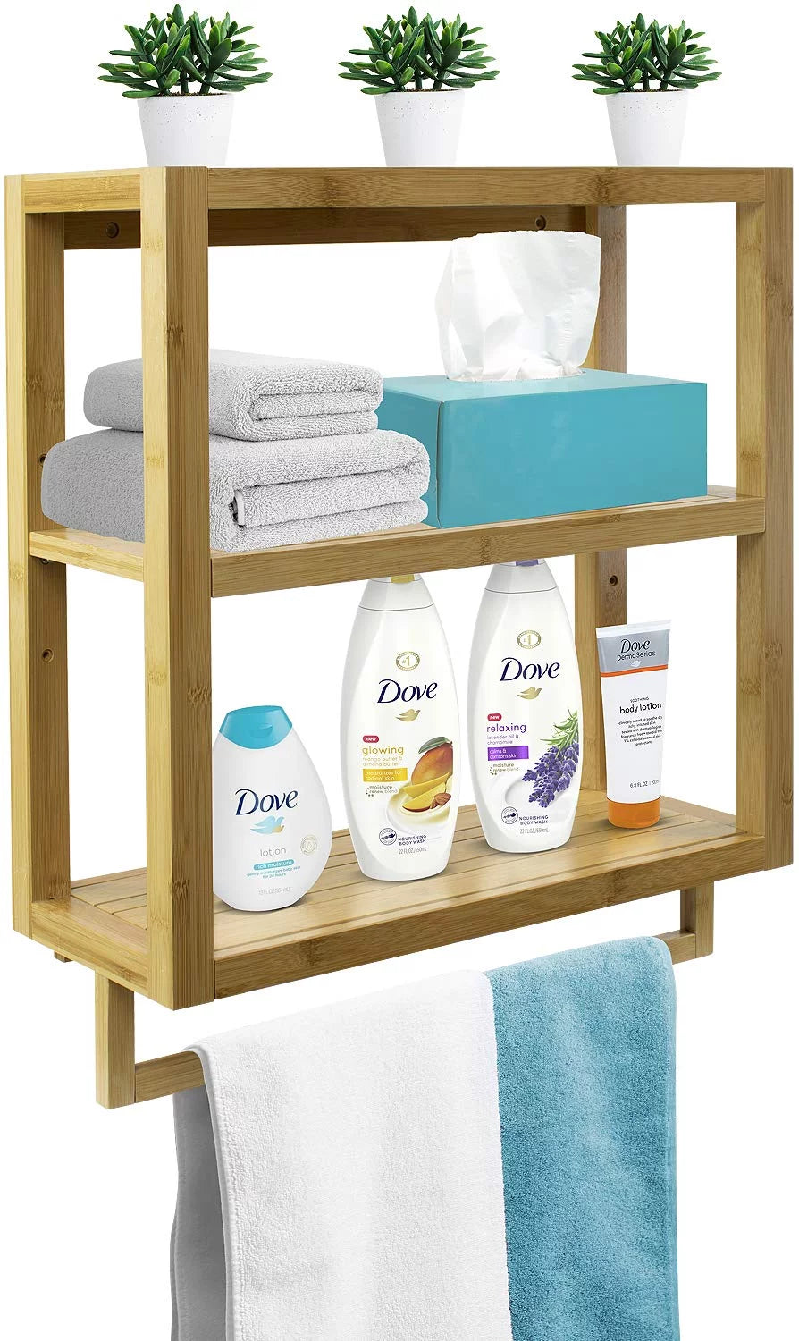 Bamboo Finish 3-Tier Wall-Mounted Bathroom Organizer with Towel Rack E37929