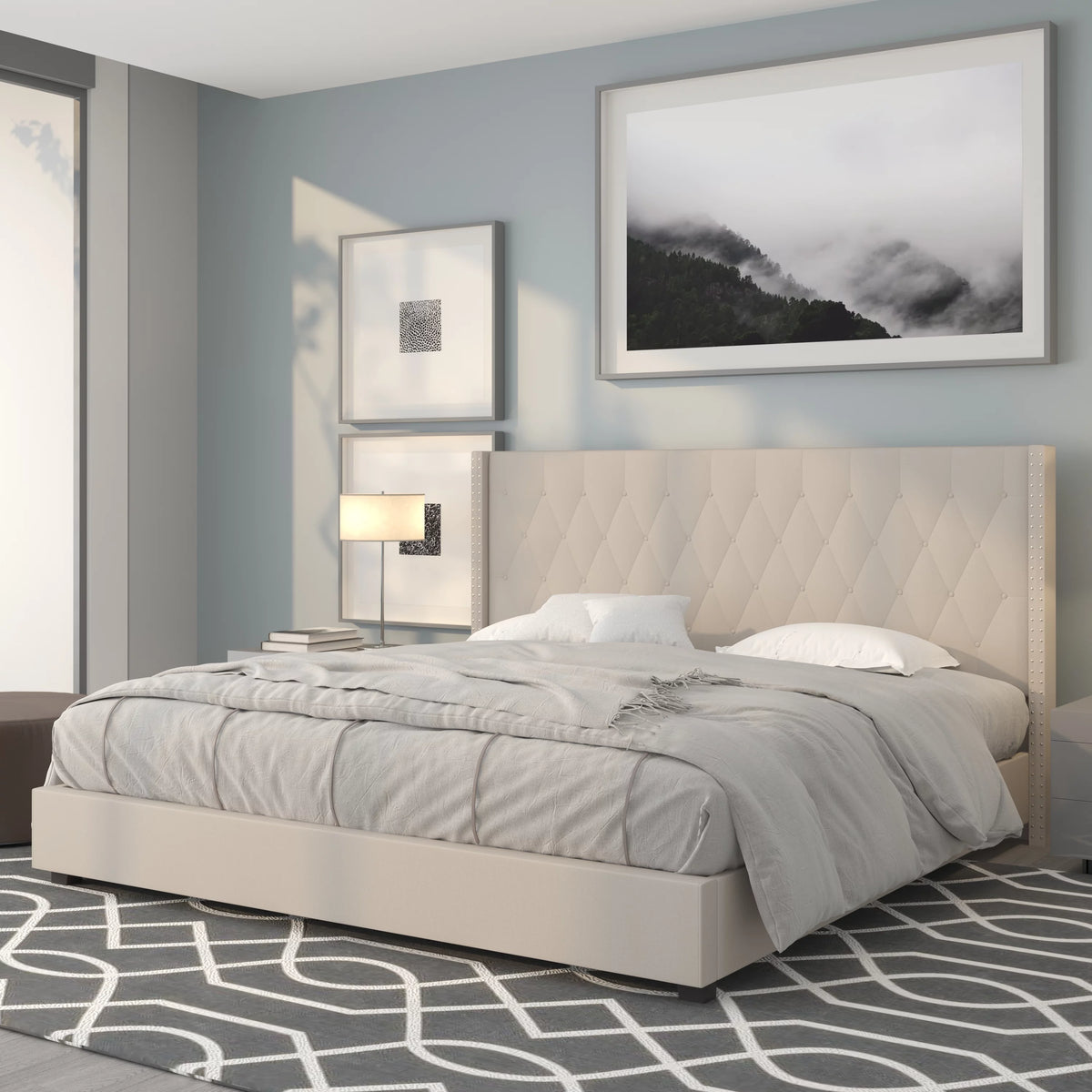 King Size Tufted Upholstered Platform Bed in Beige Fabric N87732