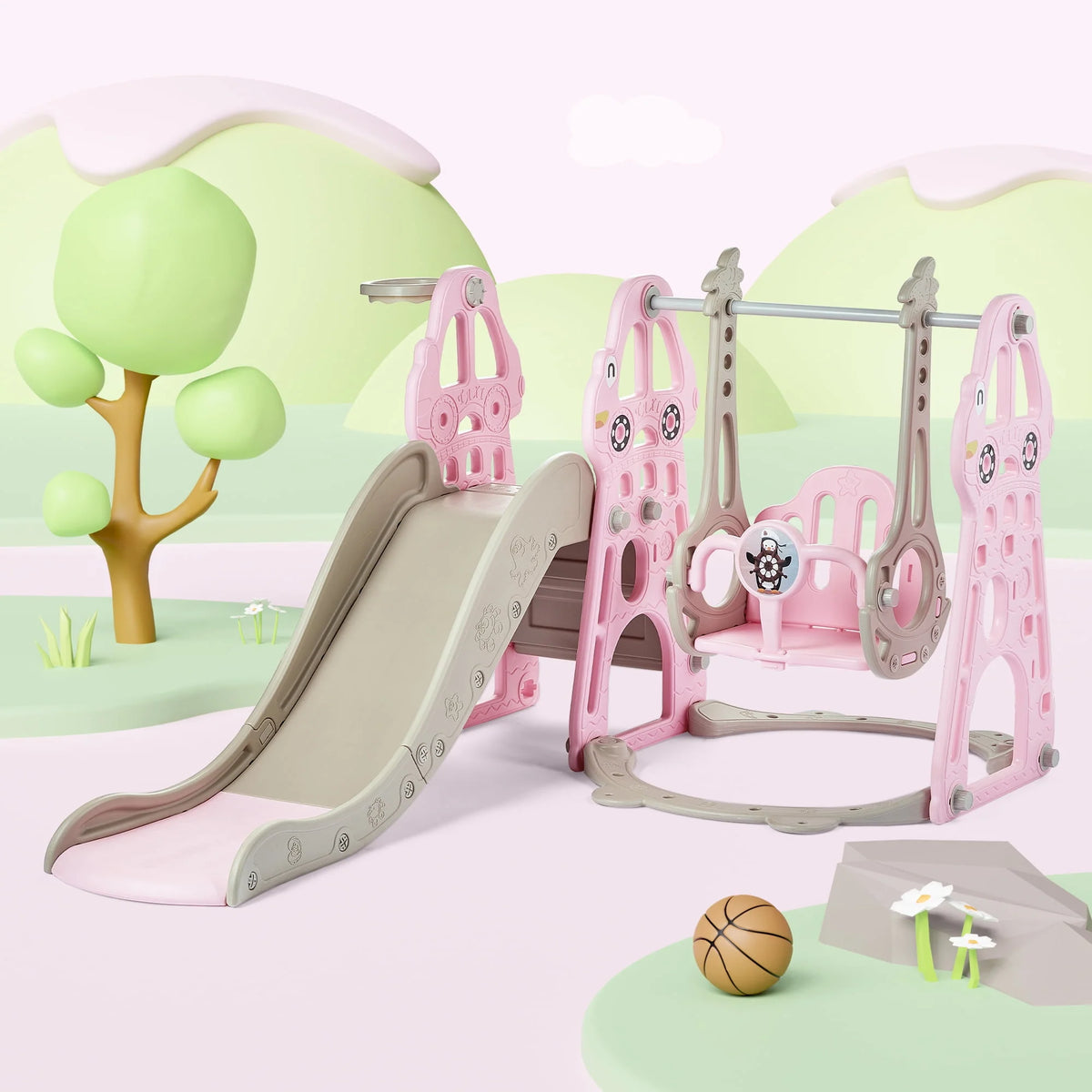 4-in-1 Kids Swing and Slide Set with Basketball Hoop and Climber P684