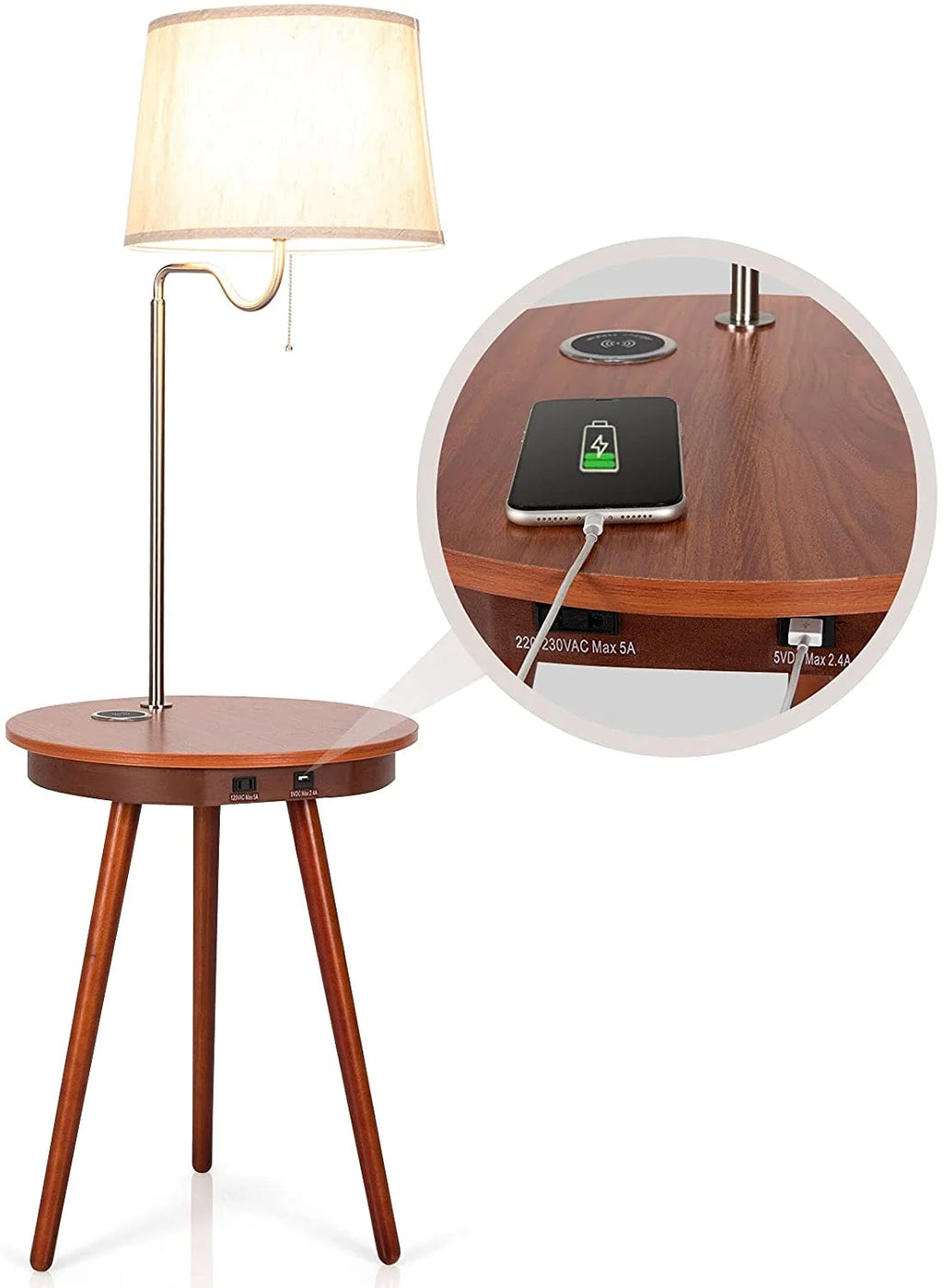 Floor Lamp End Table with USB Charging Port, 120V Socket & Wireless Charger N529216