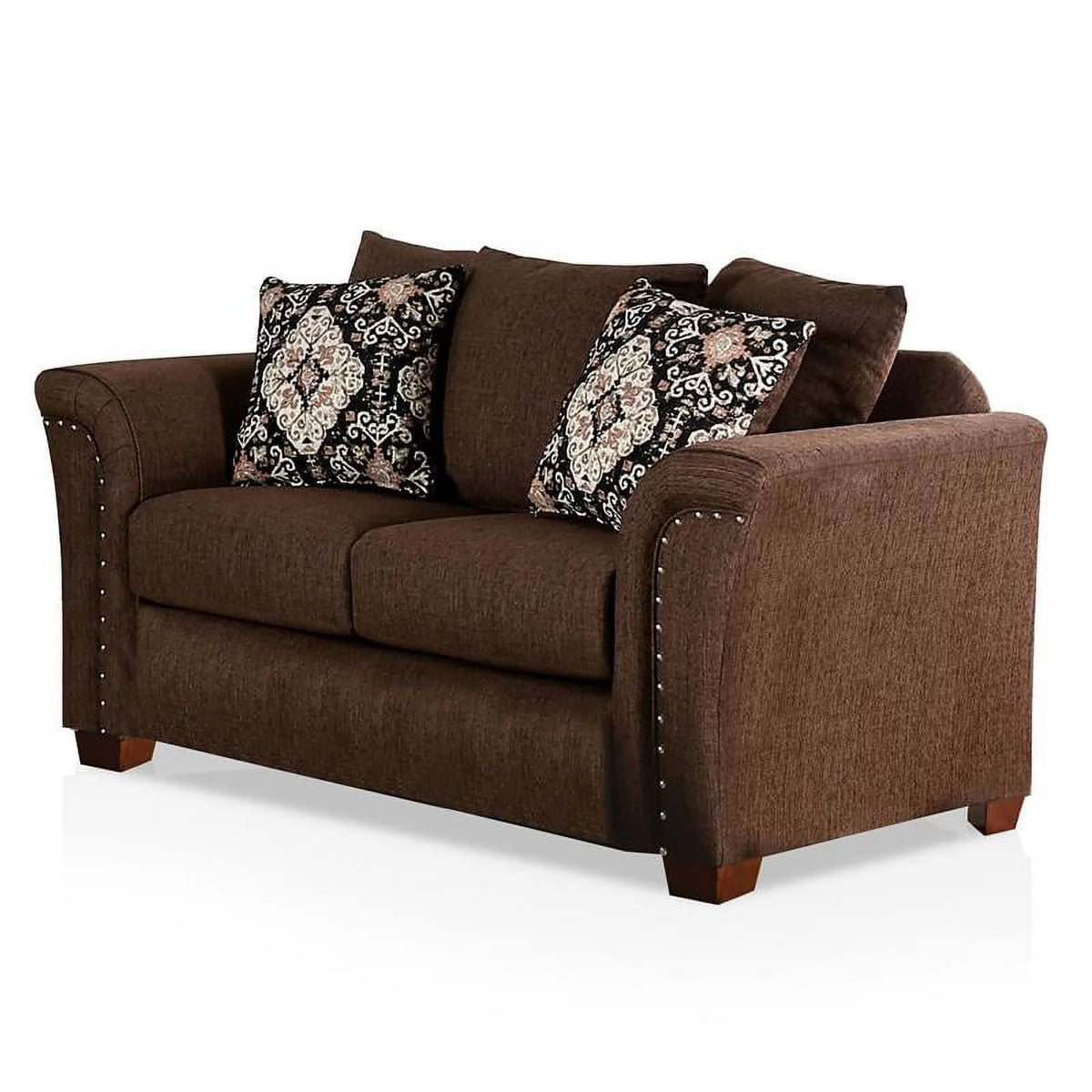 Chocolate Fabric Nailhead Loveseat K7504