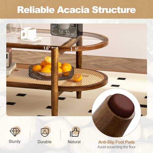 Black 2-Tier Oval Rattan Coffee Table with Tempered Glass F514294