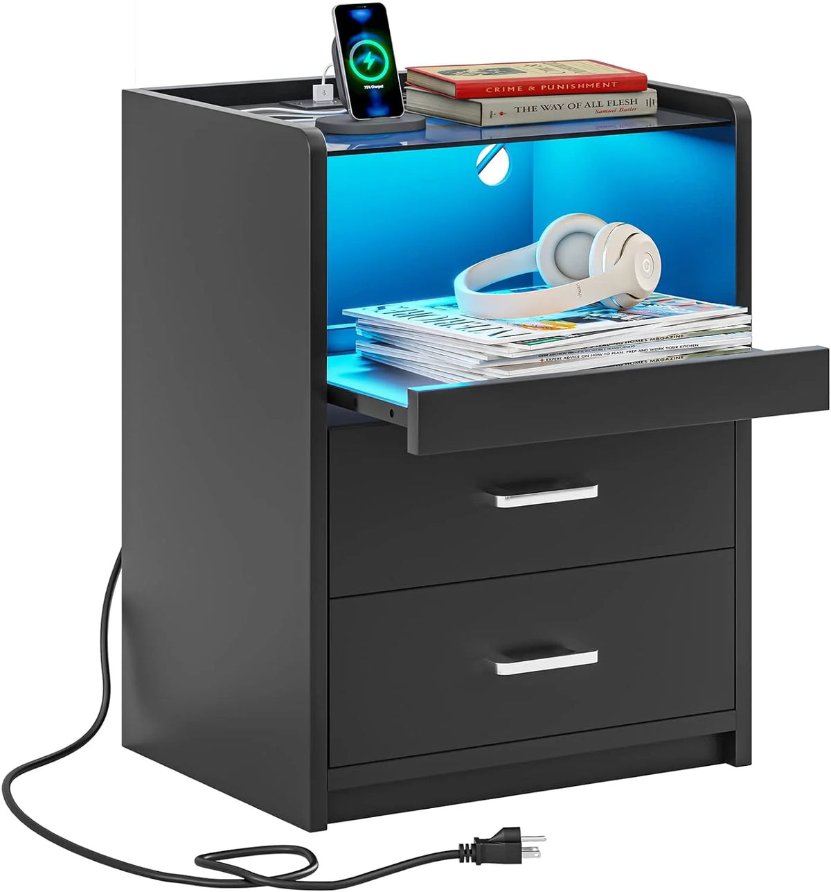 Black 2 Drawer Nightstand with Charging Station and LED Light D729