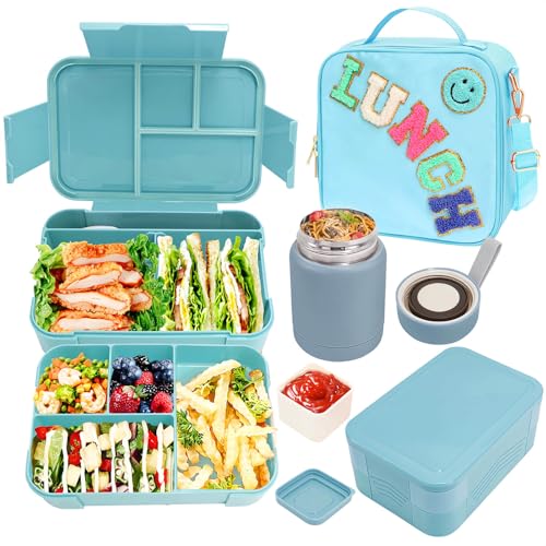 Leak-Proof 6 Compartment Bento Lunch Box Set with 10oz Thermo Food Jar and Lunch Bag W289087