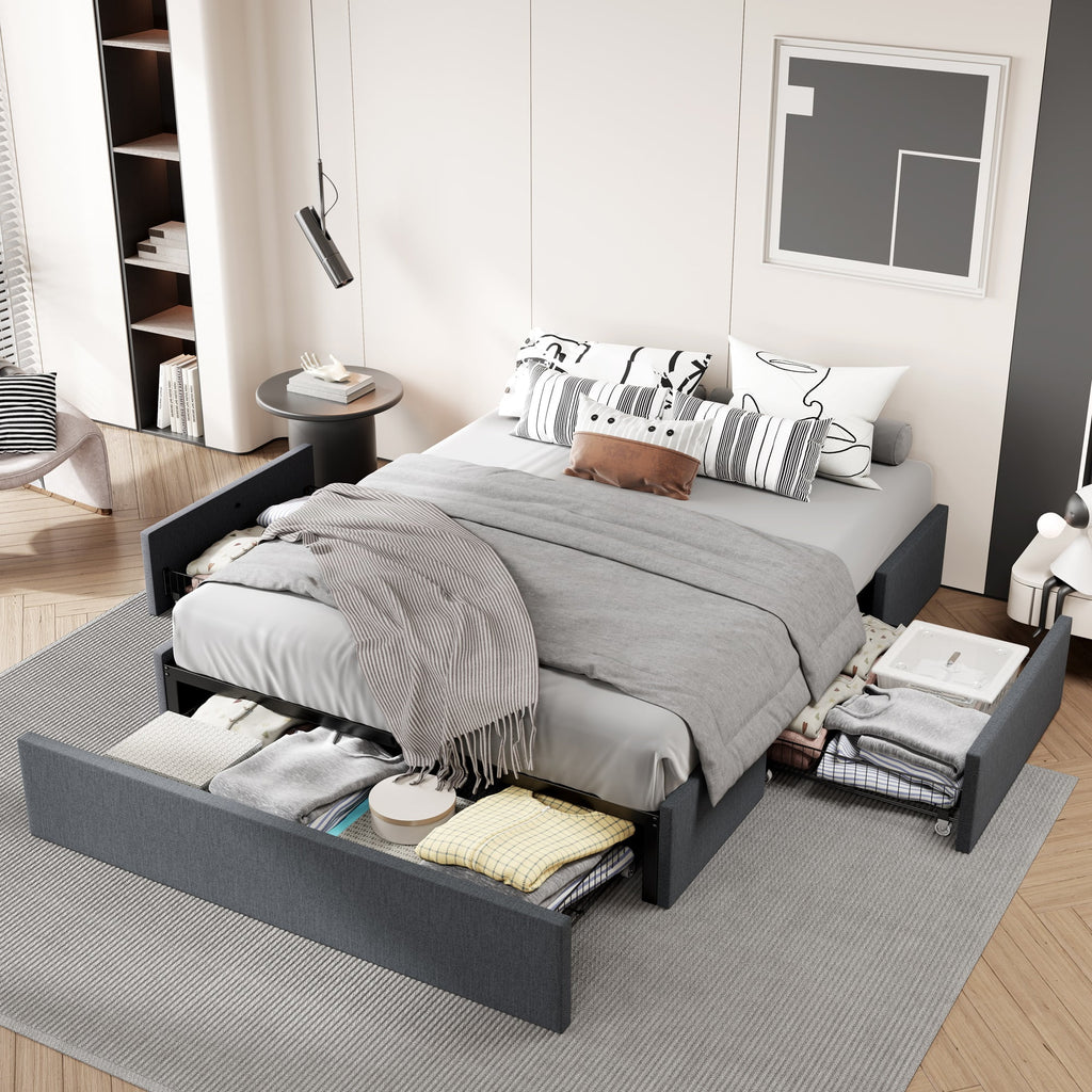 Dark Grey Full Size Platform Bed Frame with 3 Storage Drawers Q354