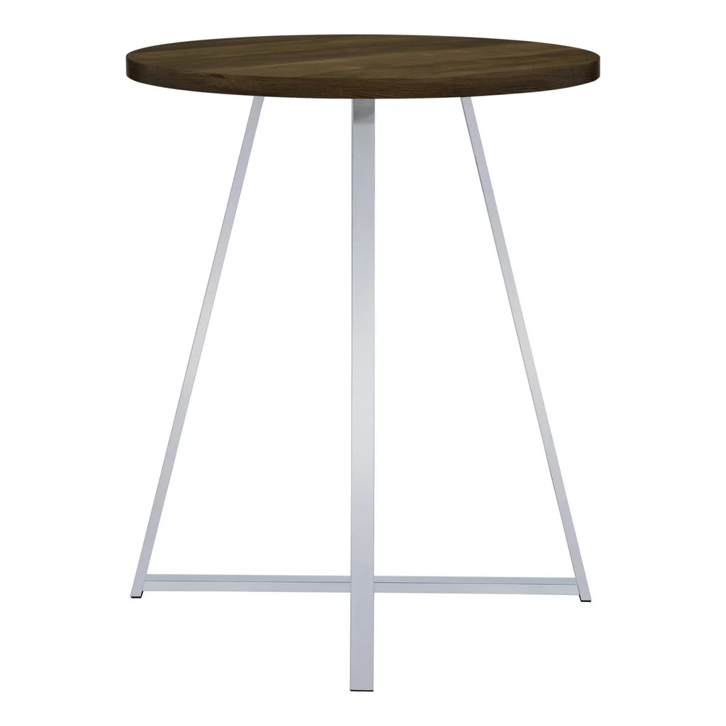 43 Inch Tall Modern Bar Table Brown Round Top Polished Chrome Flared Legs J992