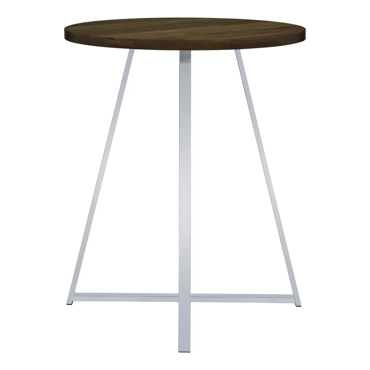 43 Inch Tall Modern Bar Table Brown Round Top Polished Chrome Flared Legs J992