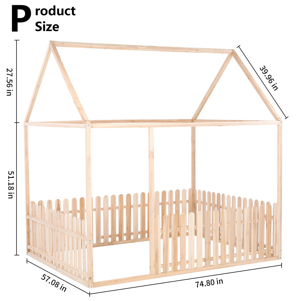 Full Size Wood Floor Bed Frame with Roof and Fence F92686