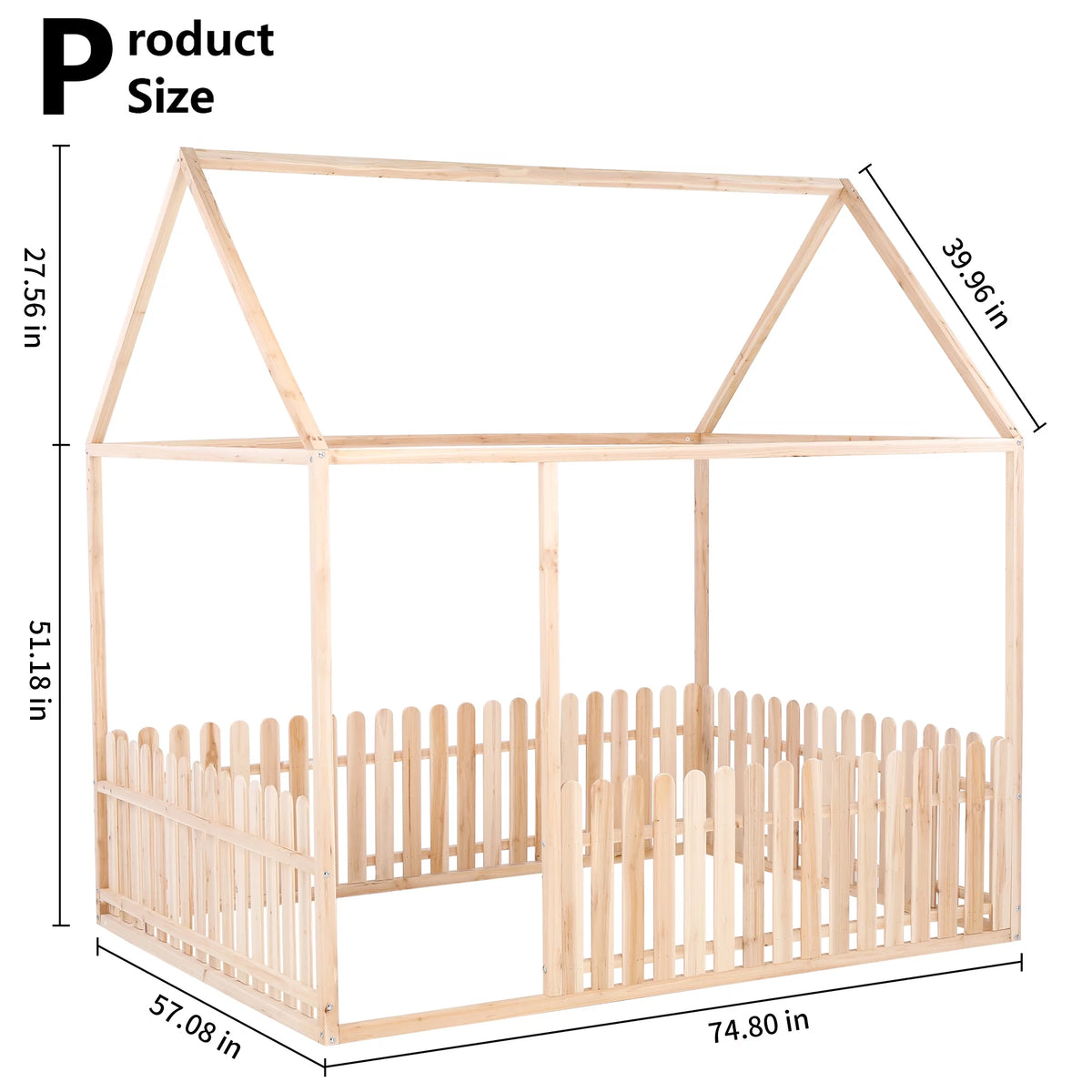 Full Size Wood Floor Bed Frame with Roof and Fence F92686