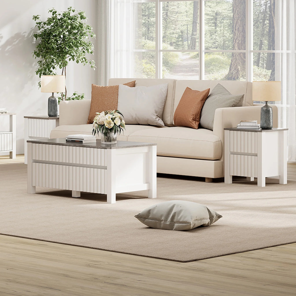 White 4 Piece Living Room Table Set with Storage Drawers and Charging Station W381676