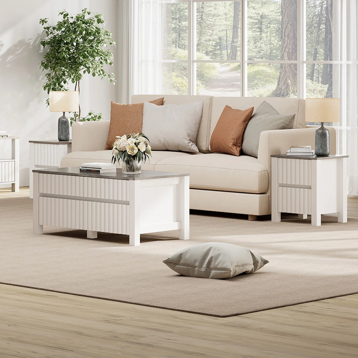 White 4 Piece Living Room Table Set with Storage Drawers and Charging Station W381676