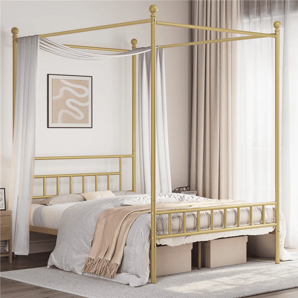 White Twin Metal Canopy Bed Frame with Headboard and Footboard X6661