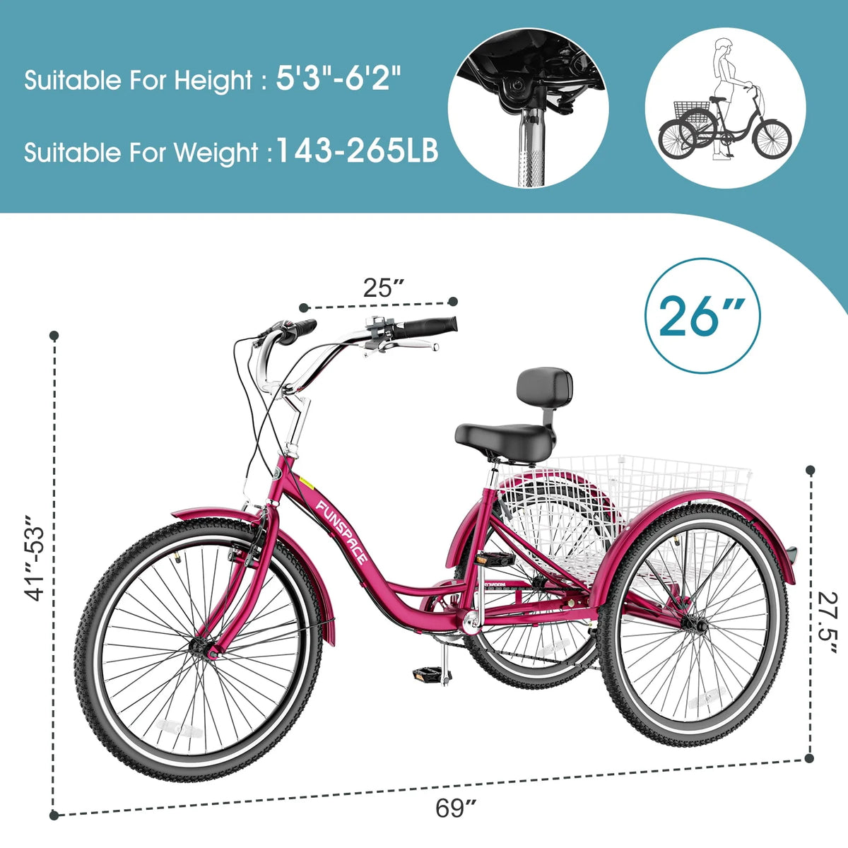 7 Speed 26 Inch 3 Wheel Adult Tricycle with Backrest M72360