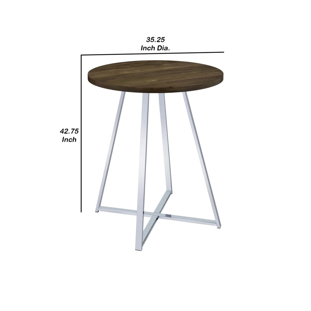 43 Inch Tall Modern Bar Table Brown Round Top Polished Chrome Flared Legs J992