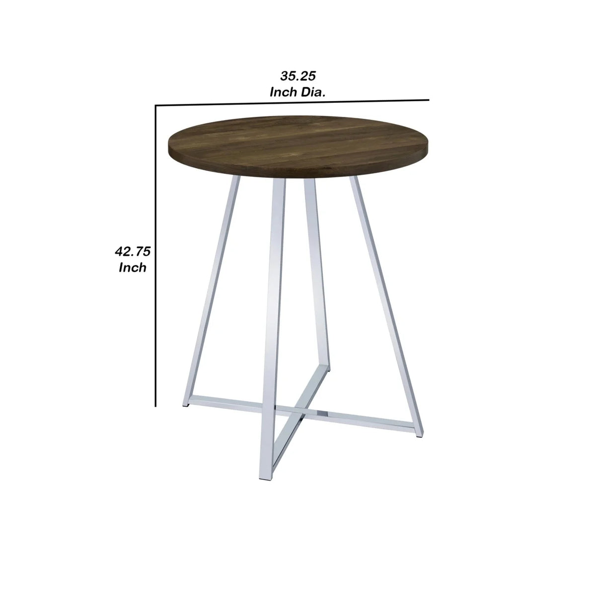 43 Inch Tall Modern Bar Table Brown Round Top Polished Chrome Flared Legs J992