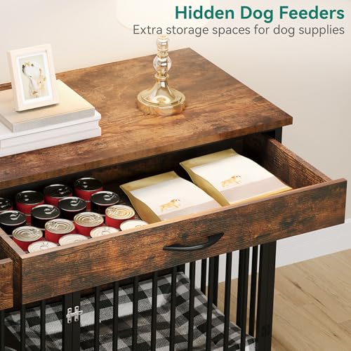 Brown Wooden Double Dog Crate Furniture with Drawers W452