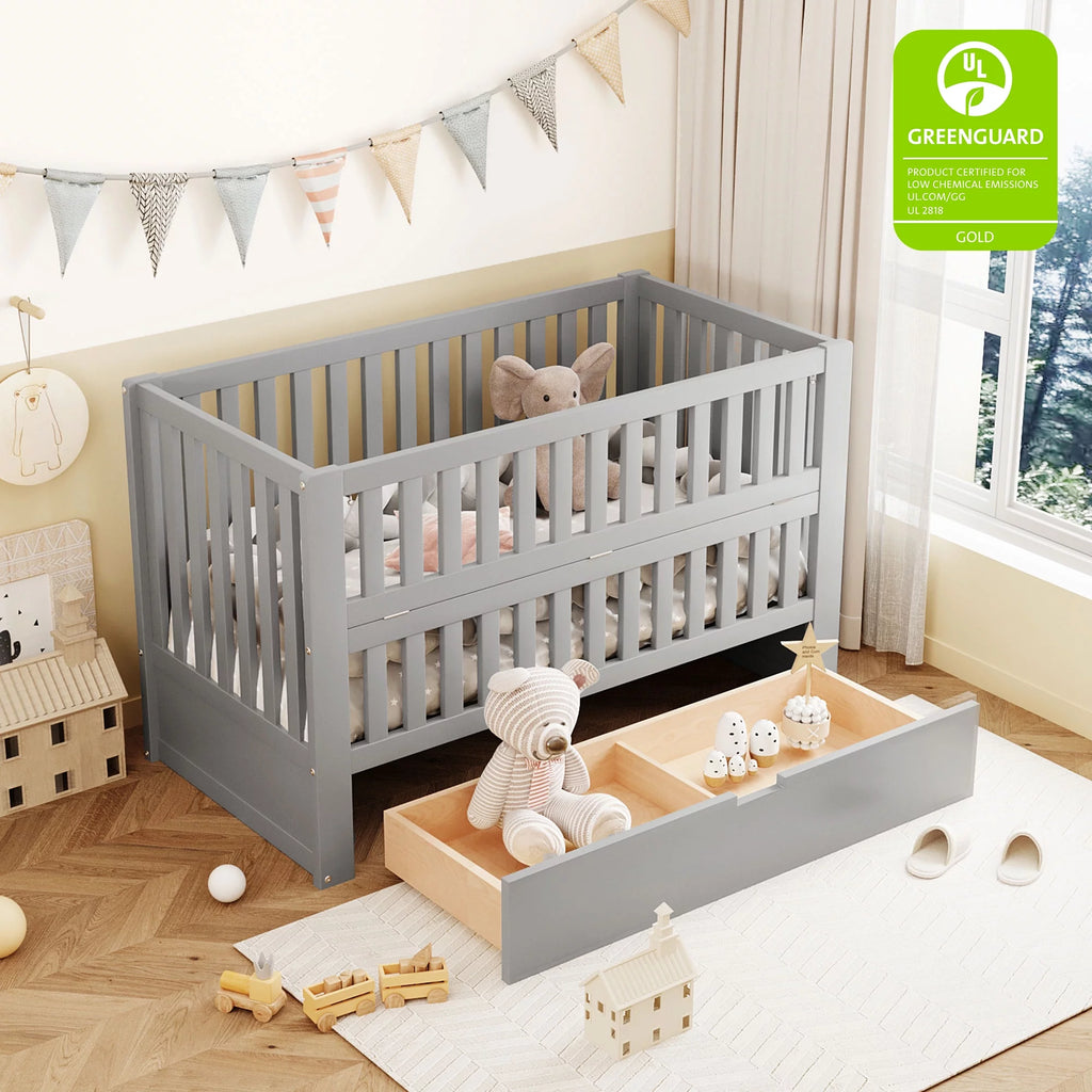 Convertible Crib with Drawer and 3 Adjustable Heights, Gray Q231