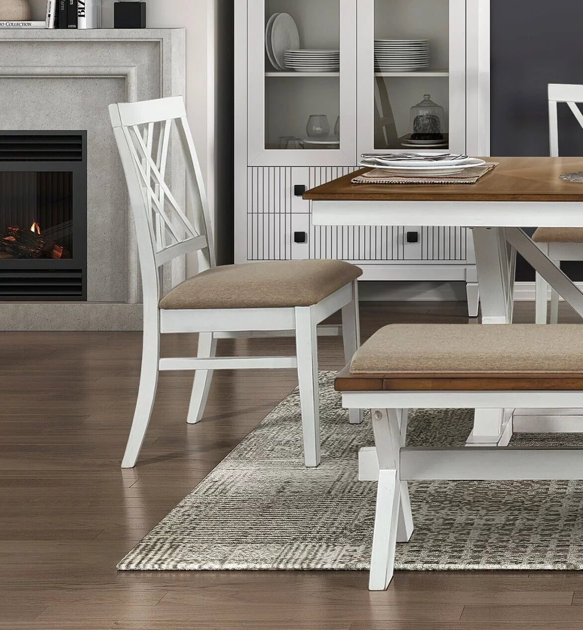 White and Oak 6pc Dining Set with Extension Leaf Bench and 4 Side Chairs B165920