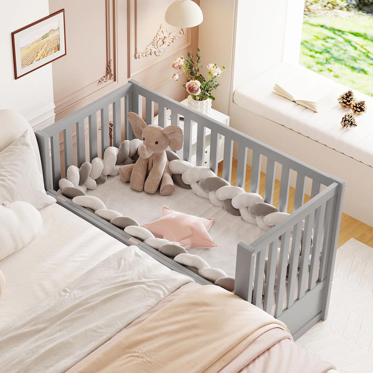 Convertible Crib with Drawer and 3 Adjustable Heights, Gray Q231