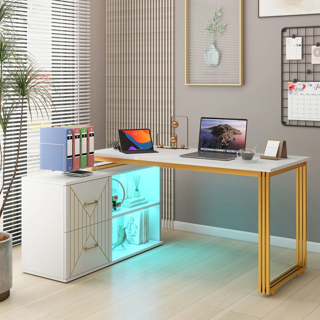 White 55 Inch L Shaped Corner Desk with Drawers and Storage Shelves M7408