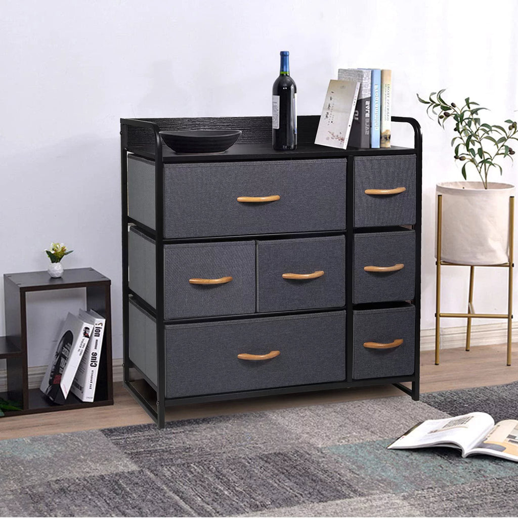 Fabric Storage Dresser with 7 Drawers, Metal Frame and Wooden Top, Dark Grey H3269