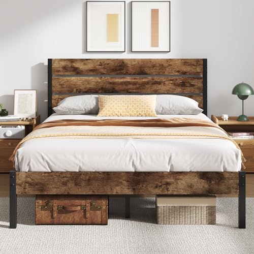 Rustic Brown Metal Full Bed Frame with Headboard and Footboard O95619