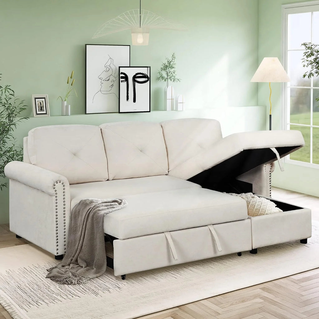 Beige L-Shape Convertible Sleeper Sofa Bed with Storage Chaise K225