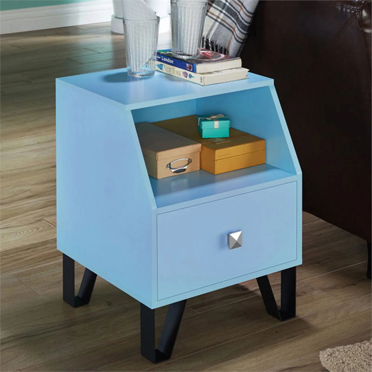Light Blue Wood Storage End Table I5406