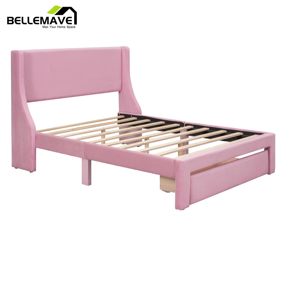 Full Size Pink Velvet Upholstered Platform Bed with Drawer N48613