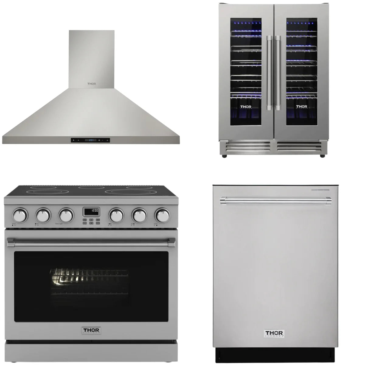 36 Electric Range, Range Hood, Dishwasher and Wine Cooler J250