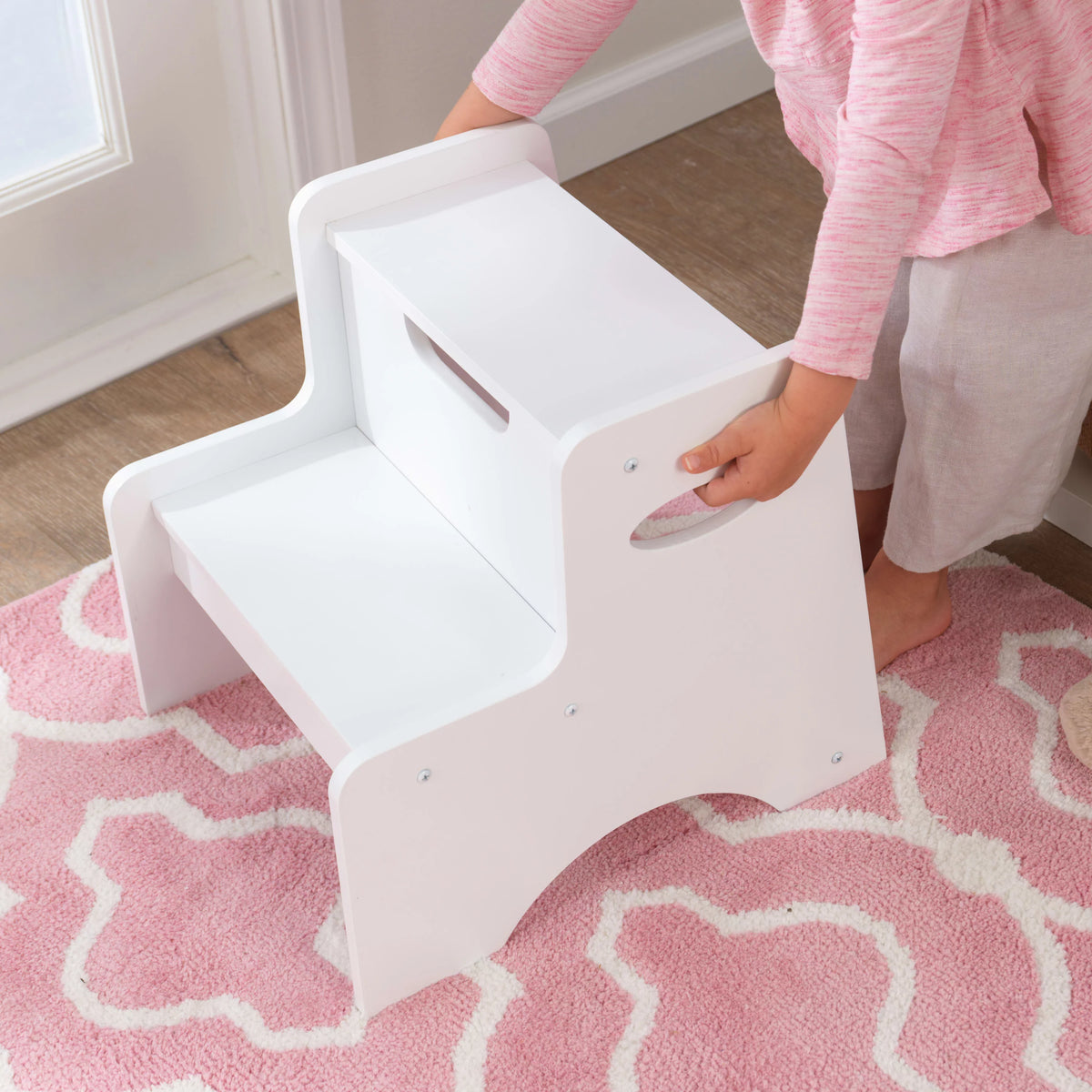 Wooden Two-Step Children's Stool with Handles White D1999