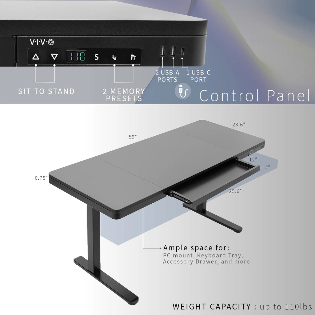 Black 60" x 24" Height Adjustable Desk with Drawer and USB Ports N19941