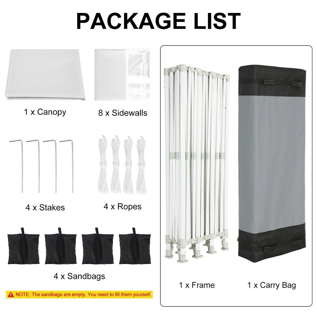 10'x30' Heavy Duty Waterproof Pop Up Canopy with 8 Removable Sidewalls, White M722